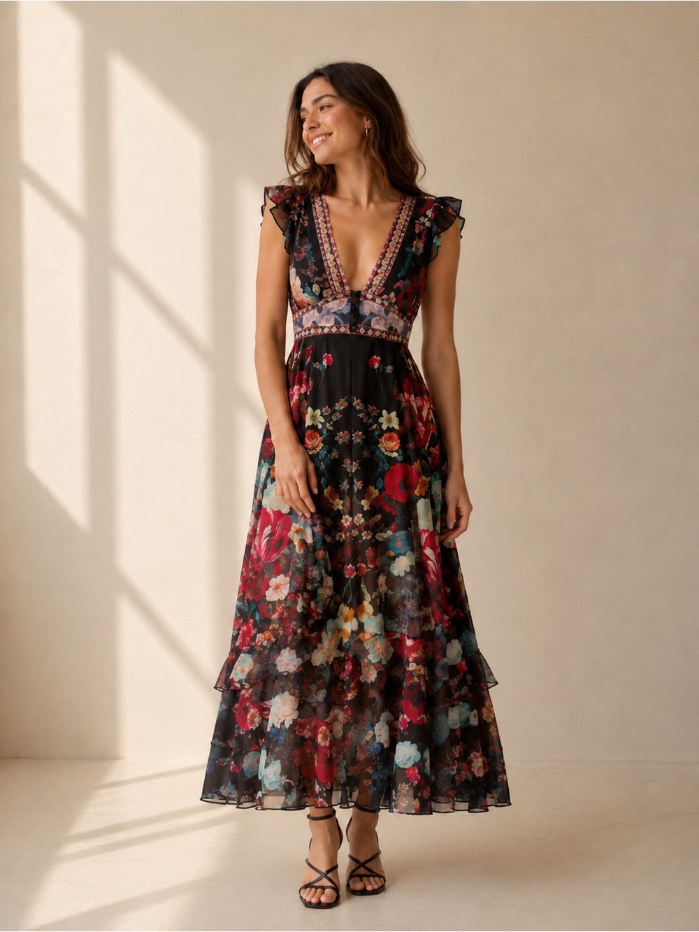 DALIA MACPHEE Floral Maxi Dress With Ruffle Sleeve‎ Detail